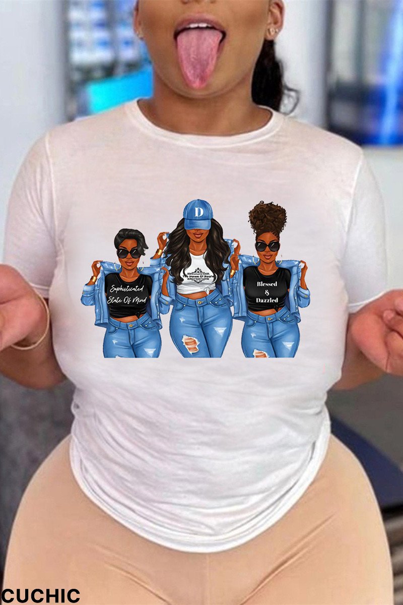 White Blue Fashion Casual Print O Neck T-Shirts-CuChic