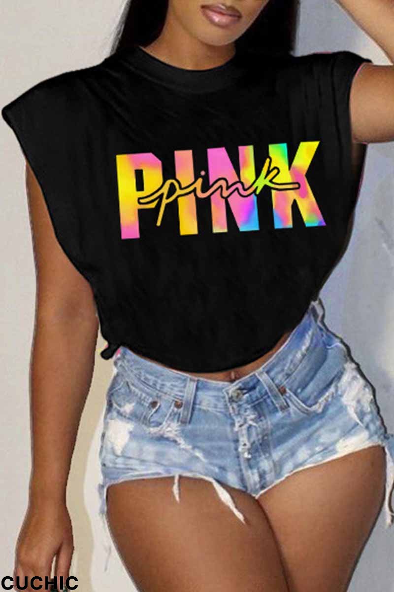 Black Casual Street Print Letter O Neck T-Shirts-CuChic