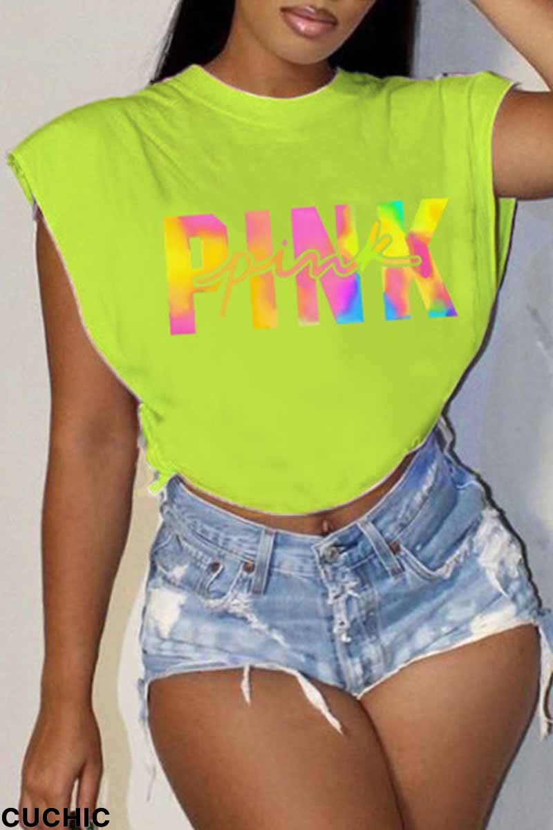 Light Green Casual Street Print Letter O Neck T-Shirts-CuChic