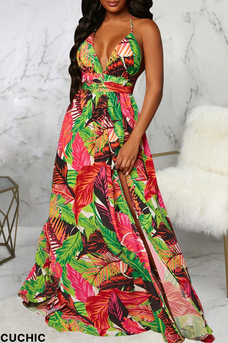 Multicolor Vacation Print High Opening Halter Waist Skirt Dresses-CuChic