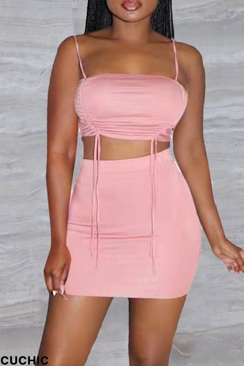 Pink Sexy Solid Split Joint Draw String Fold Spaghetti Strap Two Pieces-CuChic