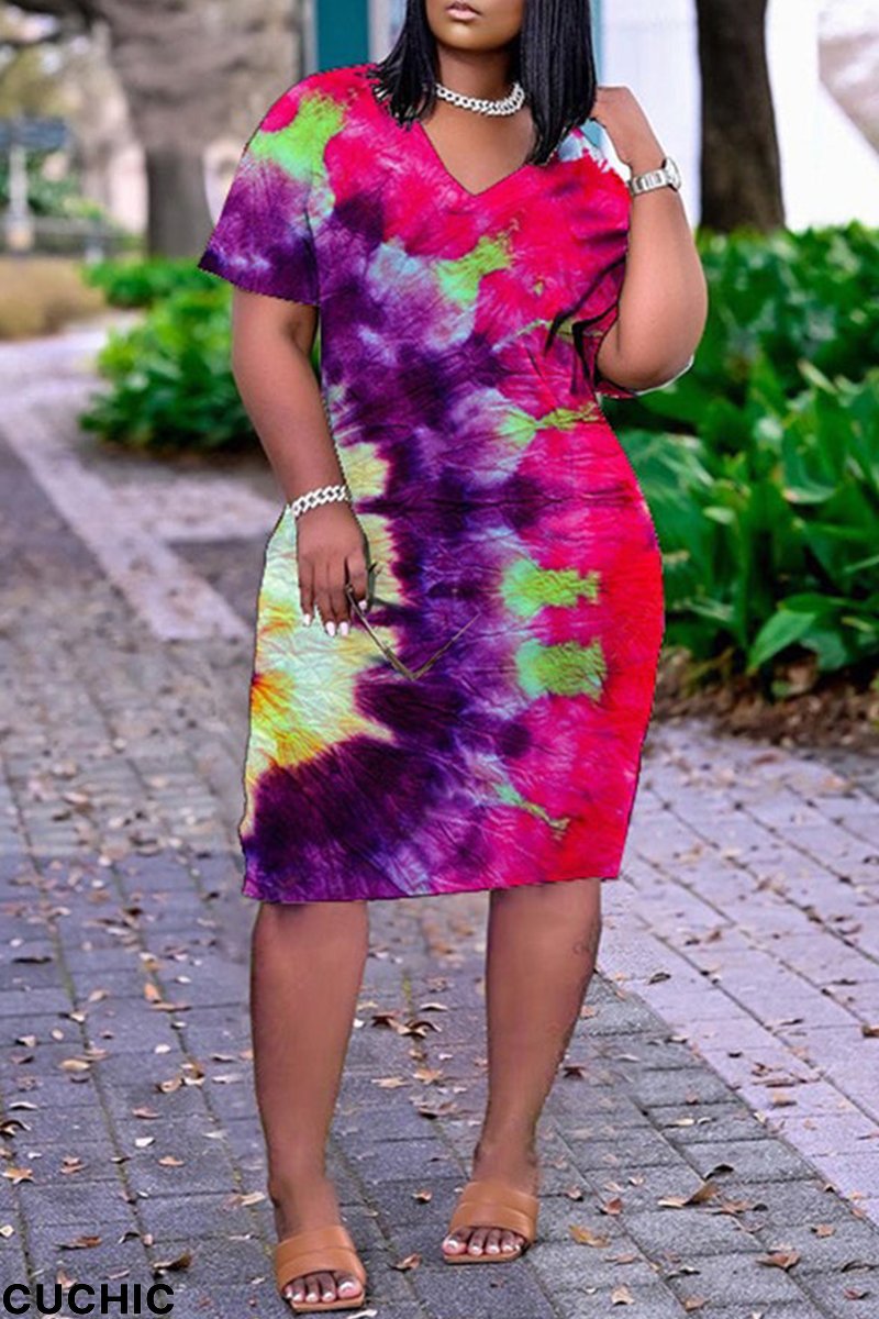 Purple Fashion Print Split Joint V Neck Straight Dresses-CuChic