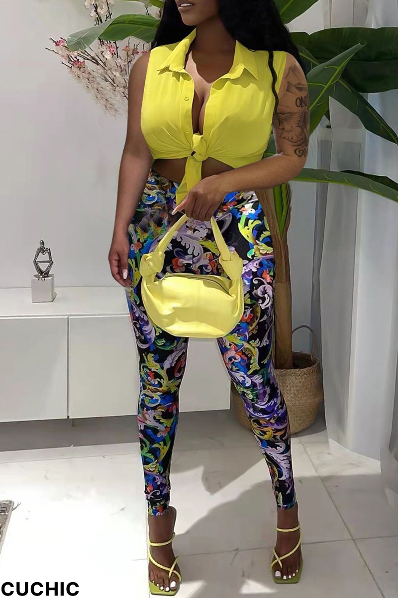 Yellow Fashion Casual Print Basic Turndown Collar Sleeveless Two Pieces-CuChic