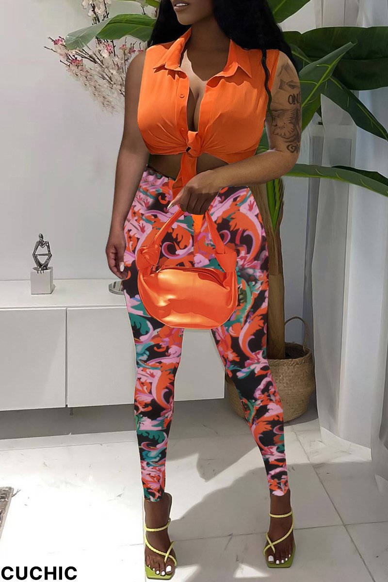 Orange Fashion Casual Print Basic Turndown Collar Sleeveless Two Pieces-CuChic