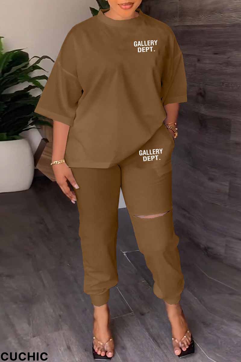 Brown Casual Print Letter O Neck Three Quarter Two Pieces-CuChic