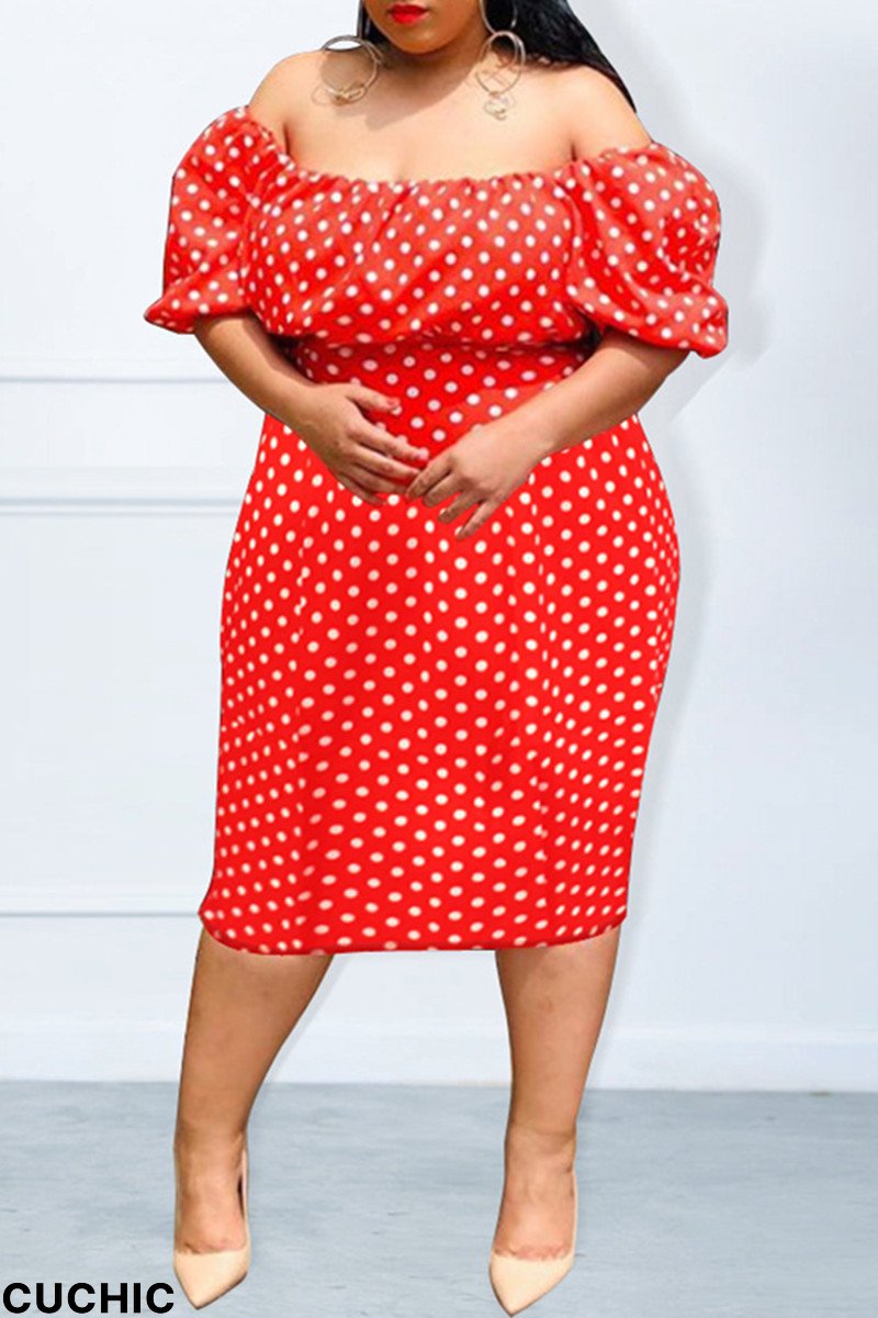 Red Fashion Casual Plus Size Dot Print Backless Off the Shoulder Short Sleeve Dress-CuChic