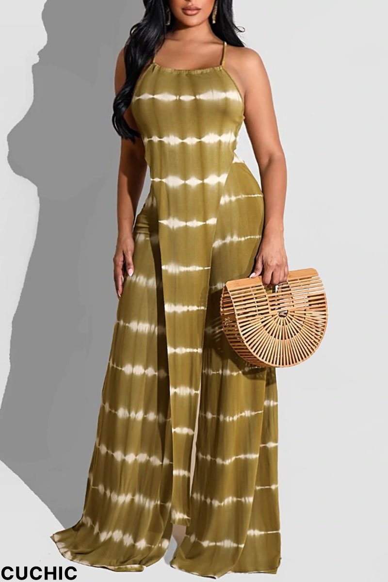 Yellow Sexy Print Tie Dye Split Joint Asymmetrical Spaghetti Strap Sleeveless Two Pieces-CuChic