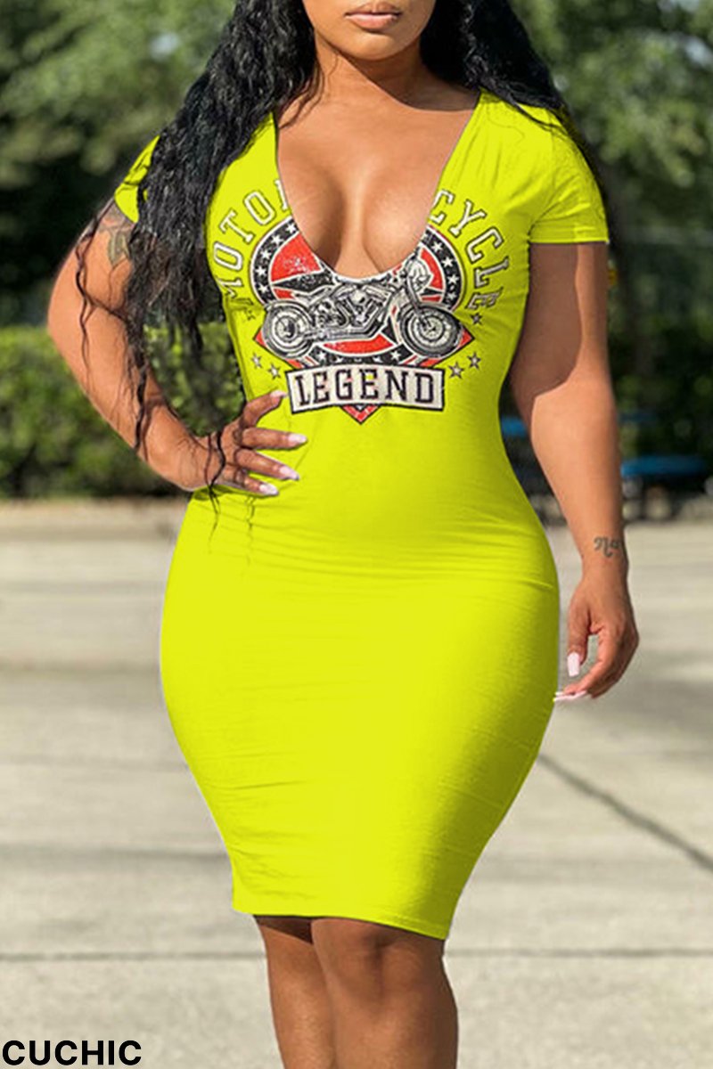 Yellow Fashion Print Patchwork V Neck Pencil Skirt Dresses-CuChic