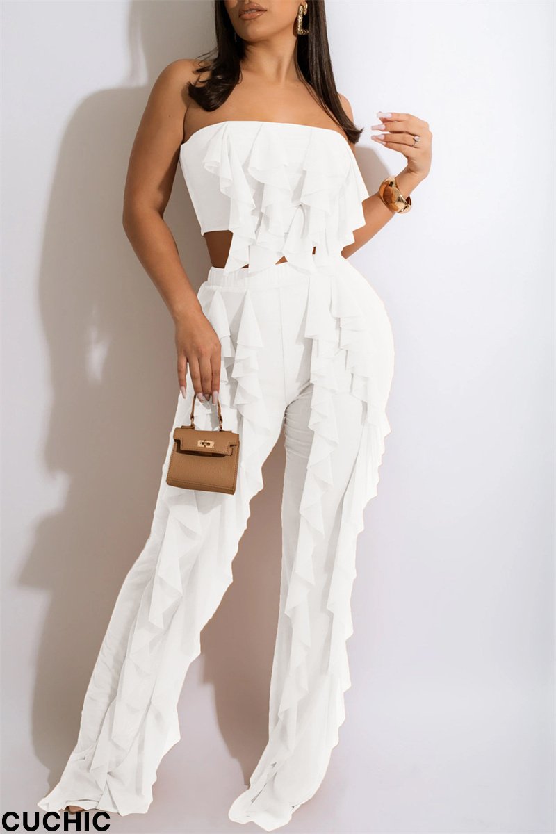White Fashion Sexy Solid Split Joint Flounce Strapless Sleeveless Two Pieces-CuChic