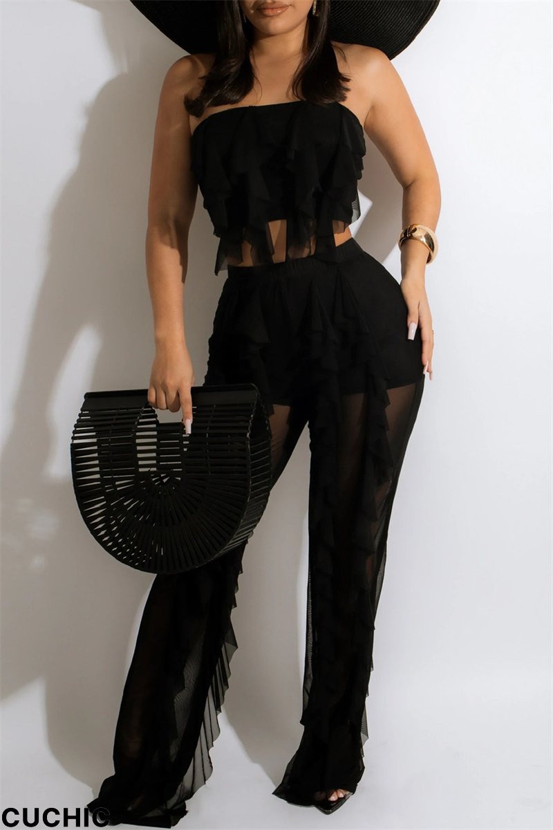 Black Fashion Sexy Solid Split Joint Flounce Strapless Sleeveless Two Pieces-CuChic