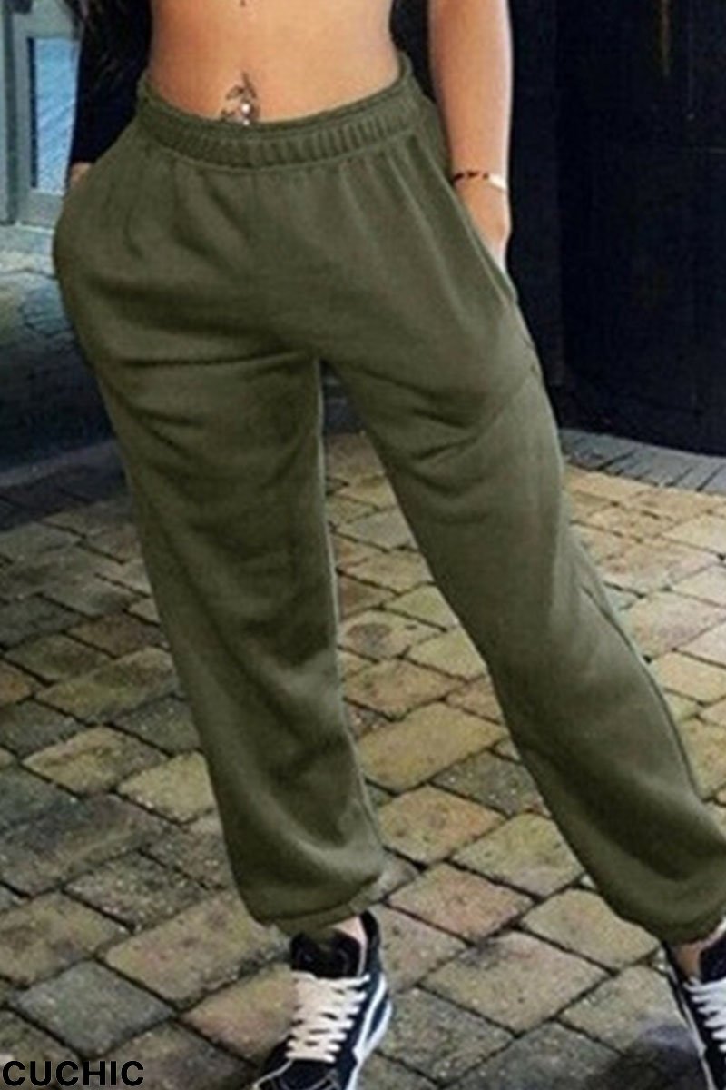 Army Green Casual Solid Split Joint Straight High Waist Solid Color Bottoms-CuChic
