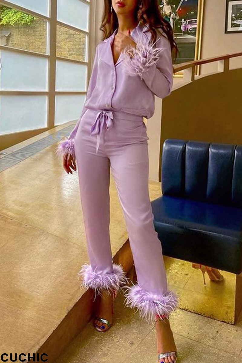 Purple Casual Print Patchwork Buckle Feathers Turn-back Collar Long Sleeve Two Pieces-CuChic