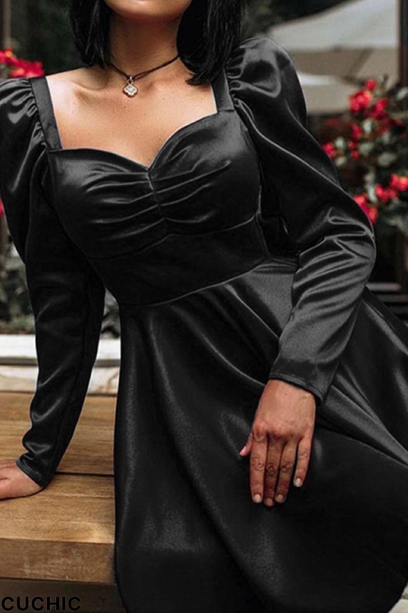 Black Sexy Solid Split Joint Square Collar Cake Skirt Dresses-CuChic