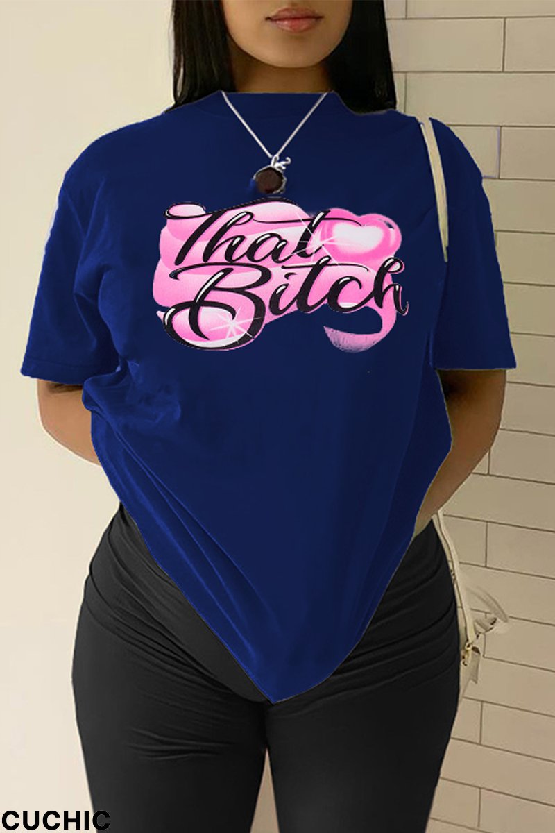 Navy Blue Casual Street Print Patchwork Letter O Neck T-Shirts-CuChic