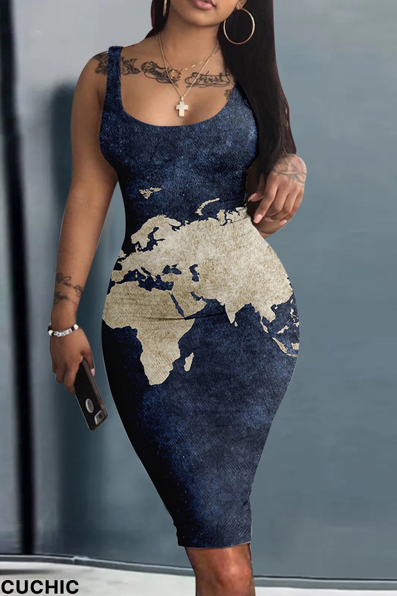 Tibetan Blue Fashion Sexy Print Basic U Neck Vest Dress-CuChic