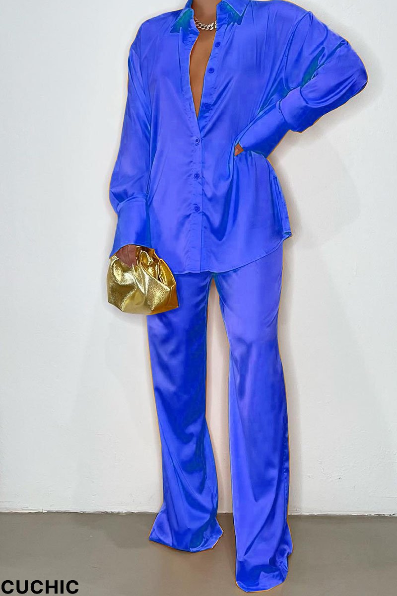 Blue Casual Solid Patchwork Buckle Turndown Collar Long Sleeve Two Pieces-CuChic