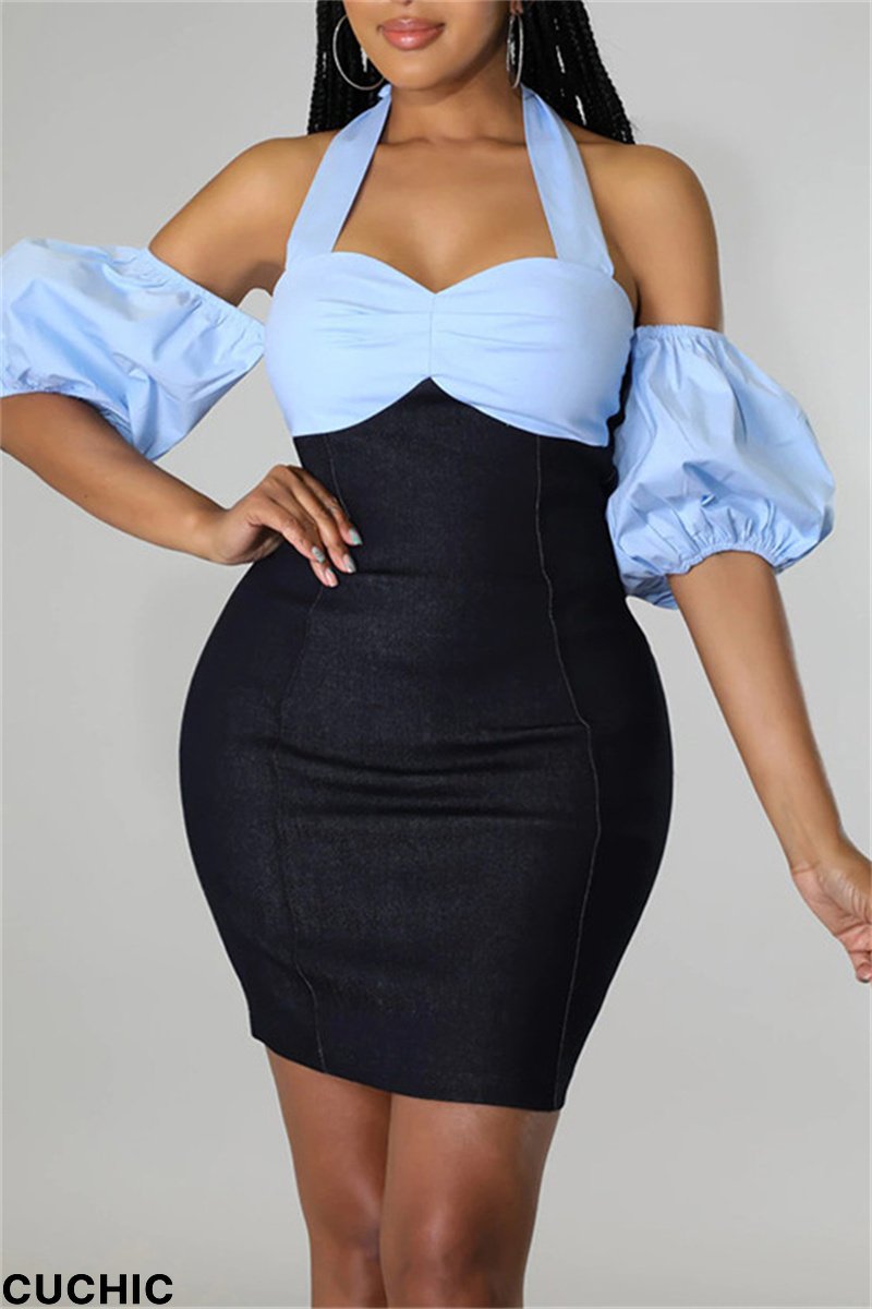 Black Fashion Sexy Casual Solid Bandage Split Joint Backless Short Sleeve Dress-CuChic