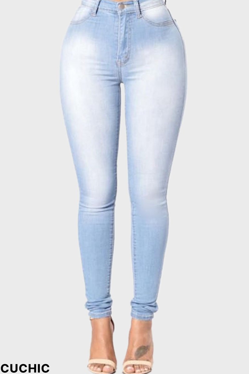 Light Blue Fashion Casual Solid Patchwork High Waist Skinny Denim Jeans-CuChic