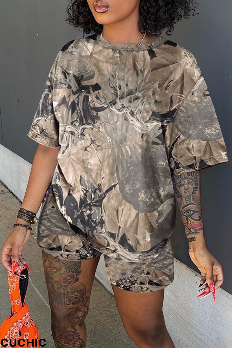Light Brown Casual Print Patchwork O Neck Short Sleeve Two Pieces-CuChic