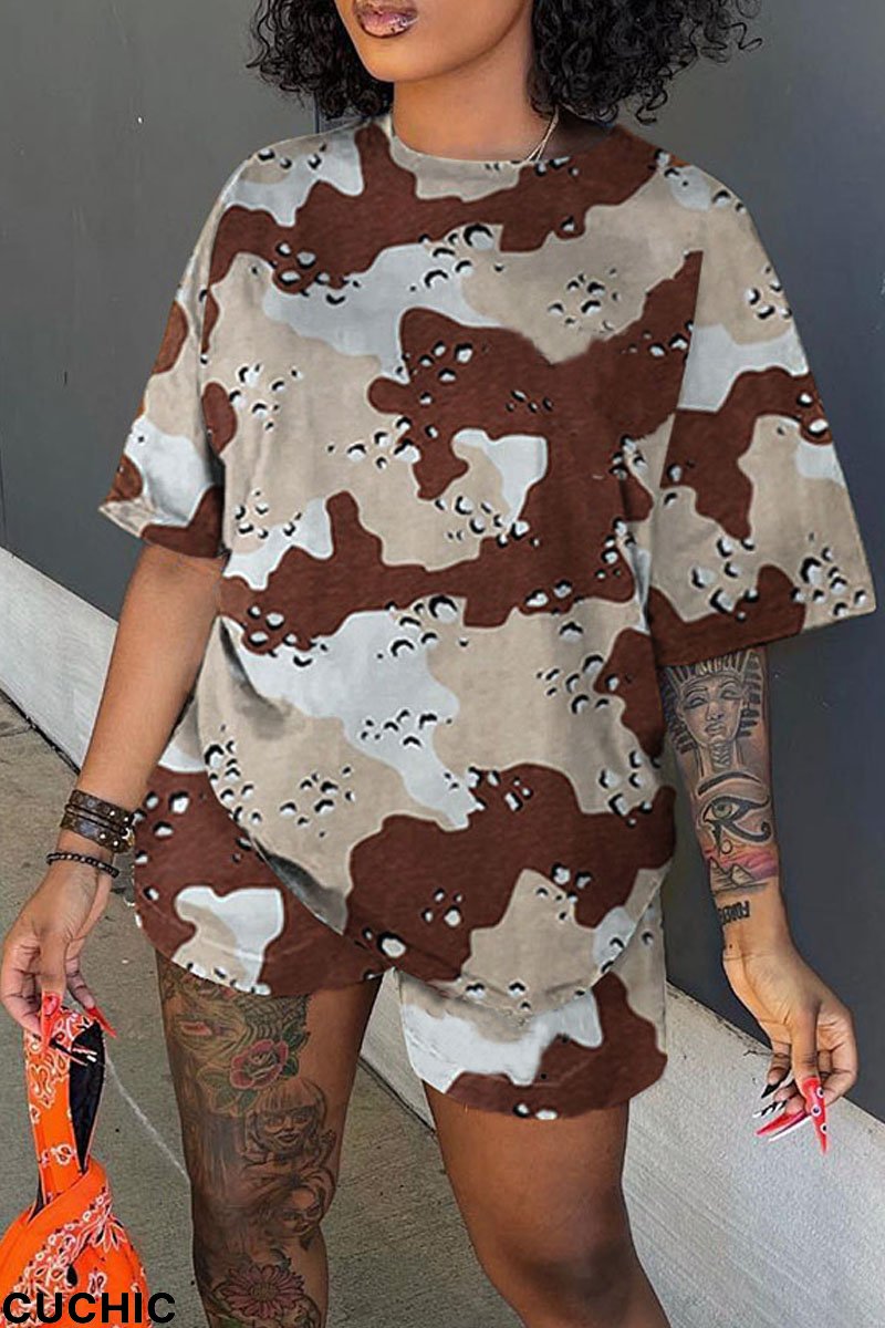 Khaki Casual Print Patchwork O Neck Short Sleeve Two Pieces-CuChic