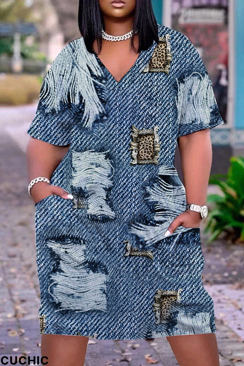 Blue Casual Print Patchwork V Neck Short Sleeve Dress-CuChic
