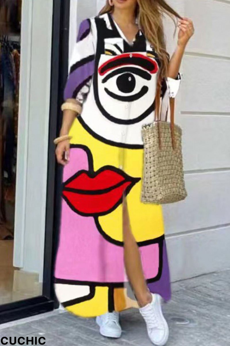 Yellow Purple Casual Street Print Patchwork Buckle Turndown Collar Shirt Dress Dresses-CuChic