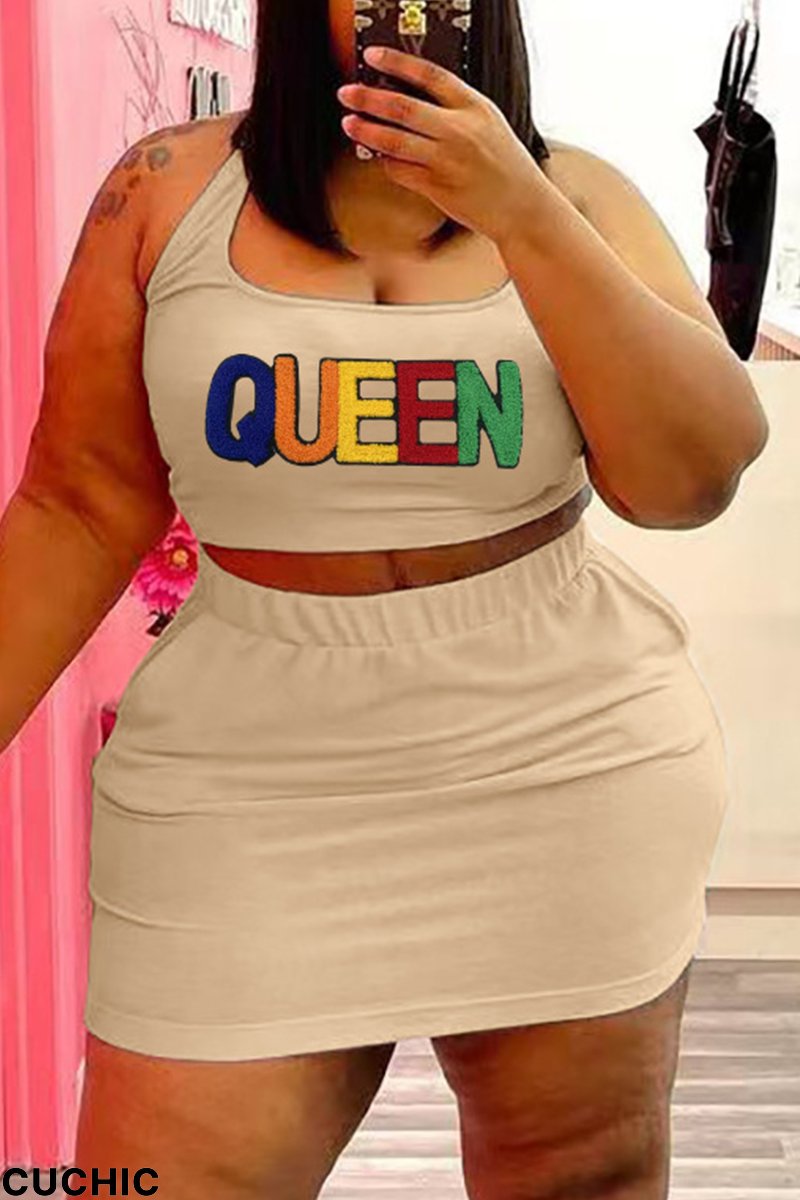 Apricot Casual Print Split Joint U Neck Pencil Skirt Plus Size Two Pieces-CuChic