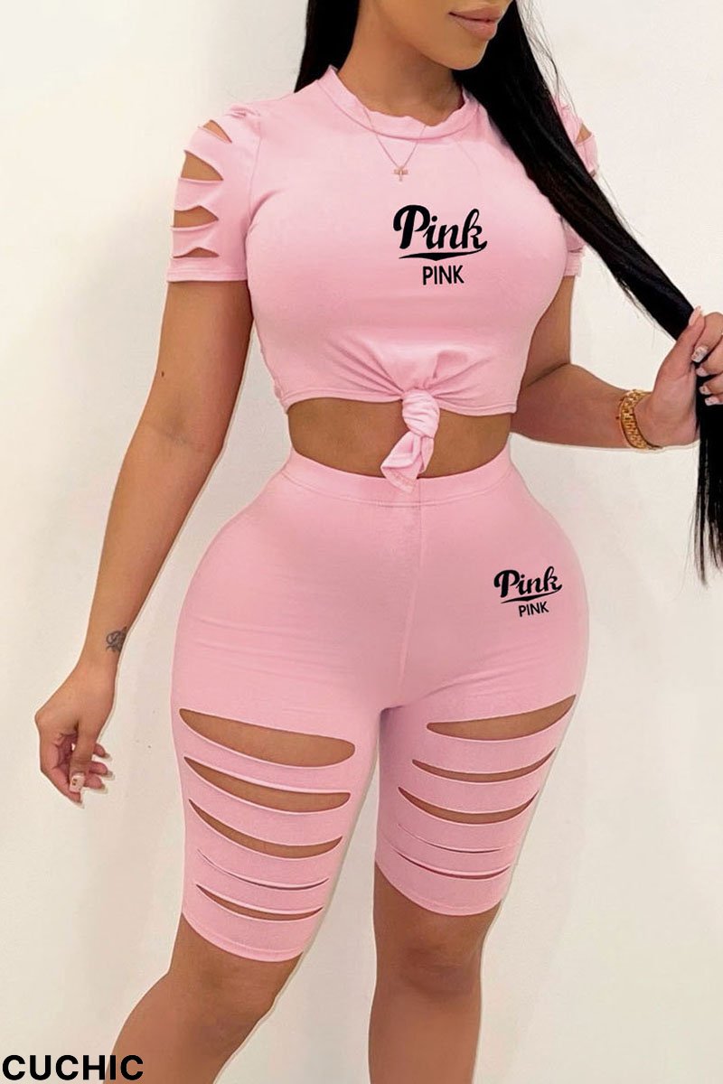 Pink Sexy Print Solid Hollowed Out Patchwork O Neck Short Sleeve Two Pieces-CuChic