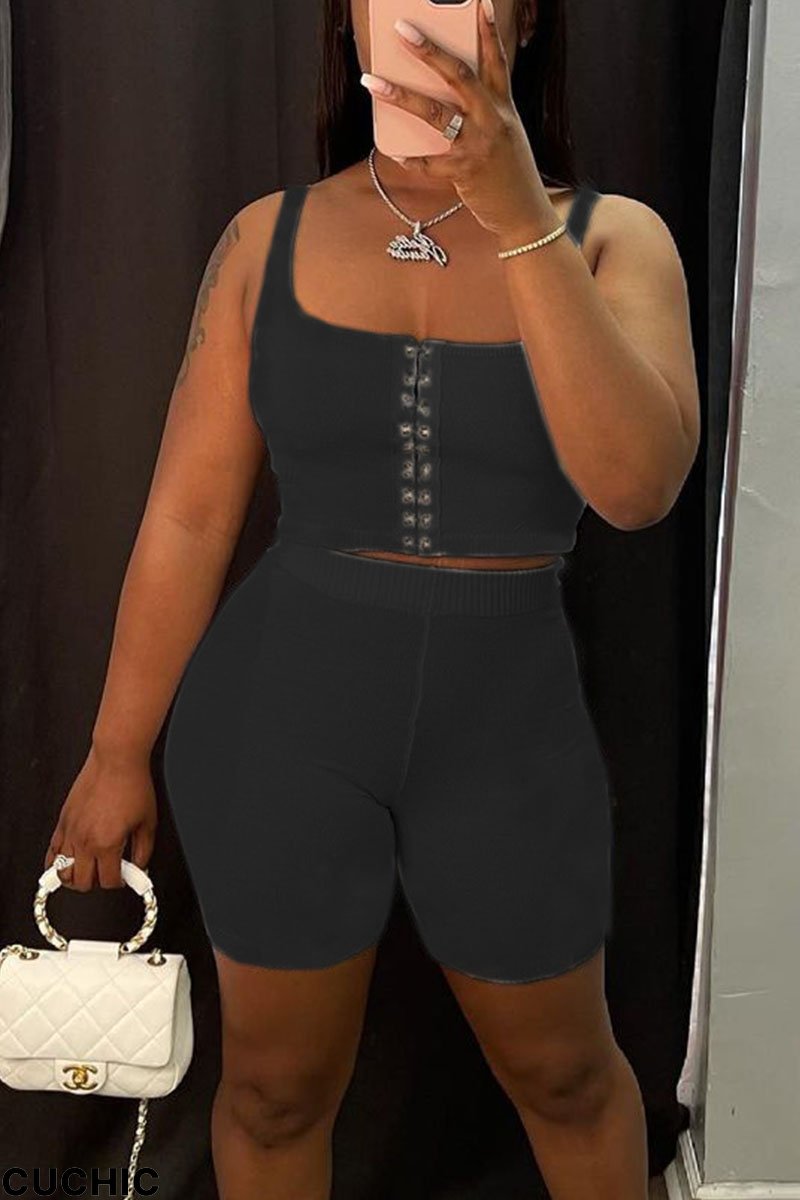 Black Casual Solid Split Joint U Neck Two Pieces-CuChic