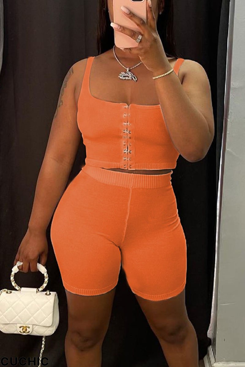 Orange Casual Solid Split Joint U Neck Two Pieces-CuChic