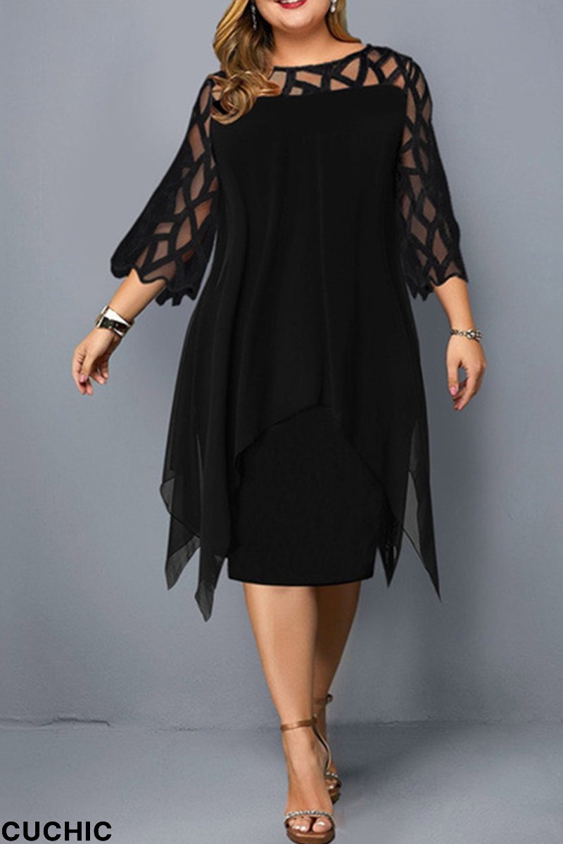 Black Casual Solid Lace O Neck Straight Plus Size Dresses-CuChic