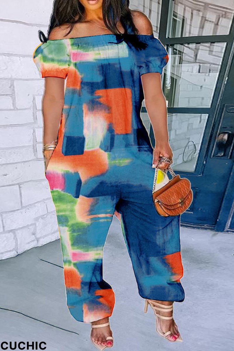 Blue Fashion Print Patchwork Off the Shoulder Harlan Jumpsuits-CuChic