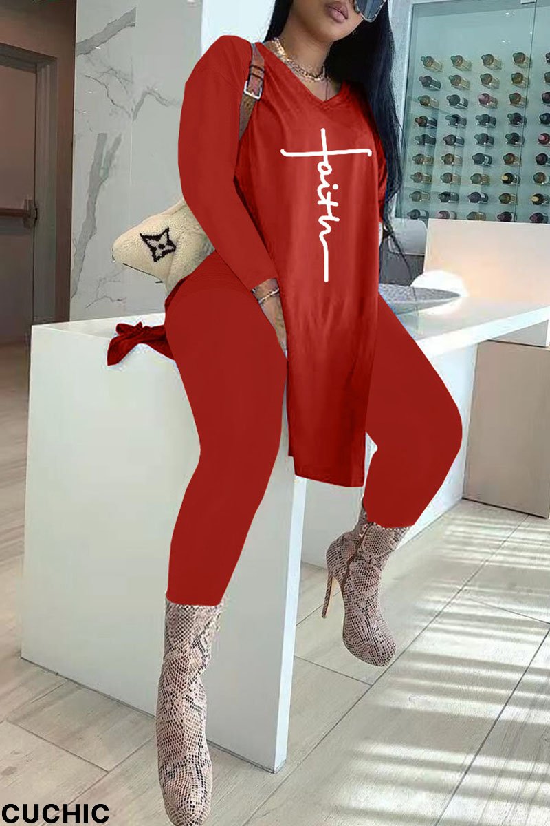 Red Casual Print Patchwork Slit V Neck Long Sleeve Two Pieces-CuChic
