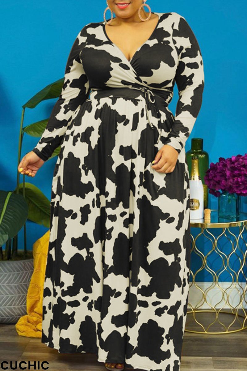 Black Casual Print Bandage Patchwork V Neck Straight Plus Size Dresses-CuChic