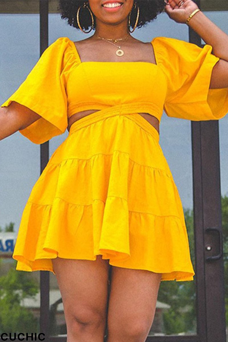 Yellow Fashion Casual Solid Hollowed Out Backless Square Collar Short Sleeve Dress-CuChic
