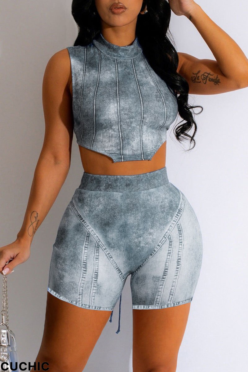 Grey Casual Street Print Bandage Patchwork Asymmetrical O Neck Sleeveless Two Pieces-CuChic