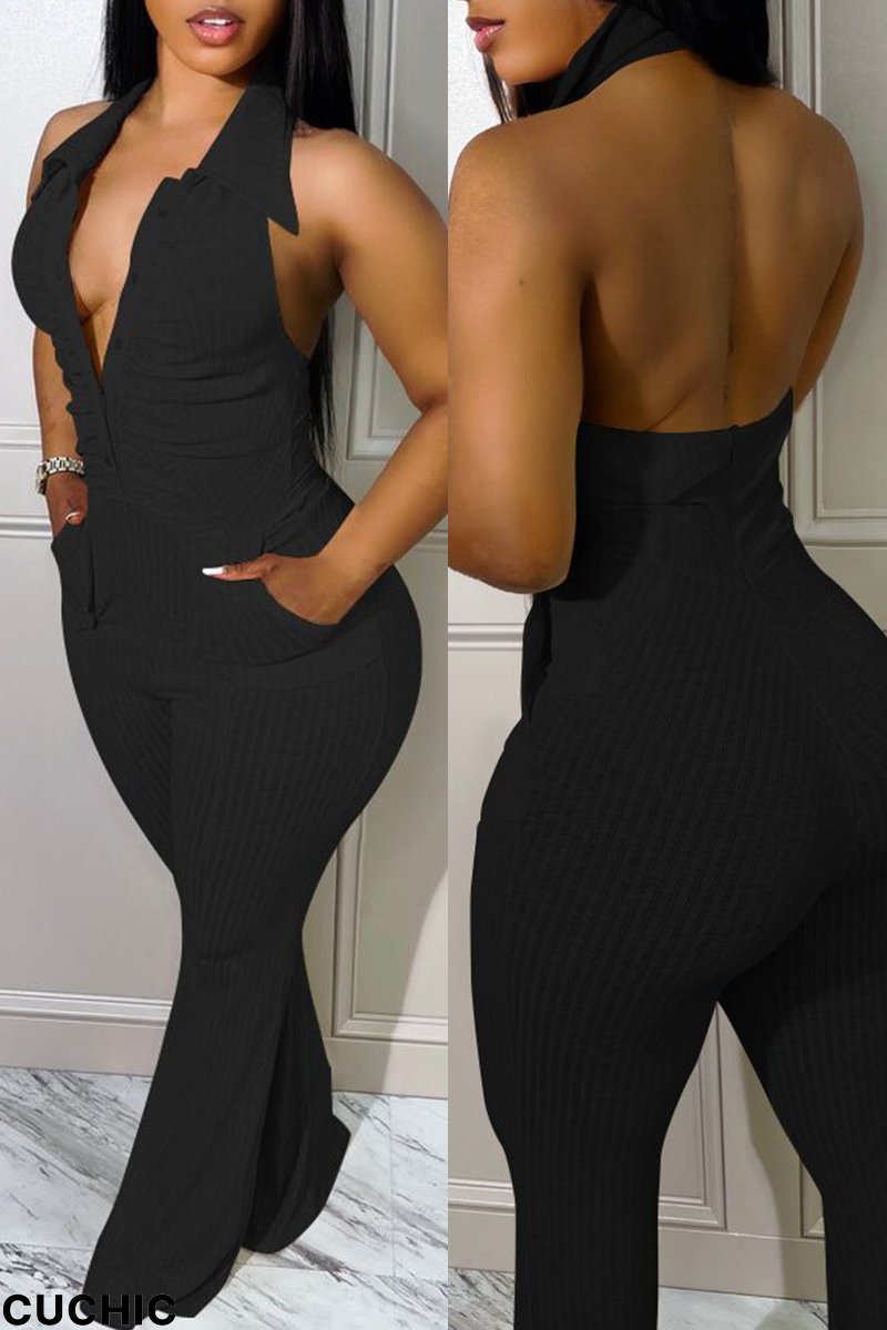 Black Sexy Casual Solid Backless Fold Turndown Collar Skinny Jumpsuits-CuChic