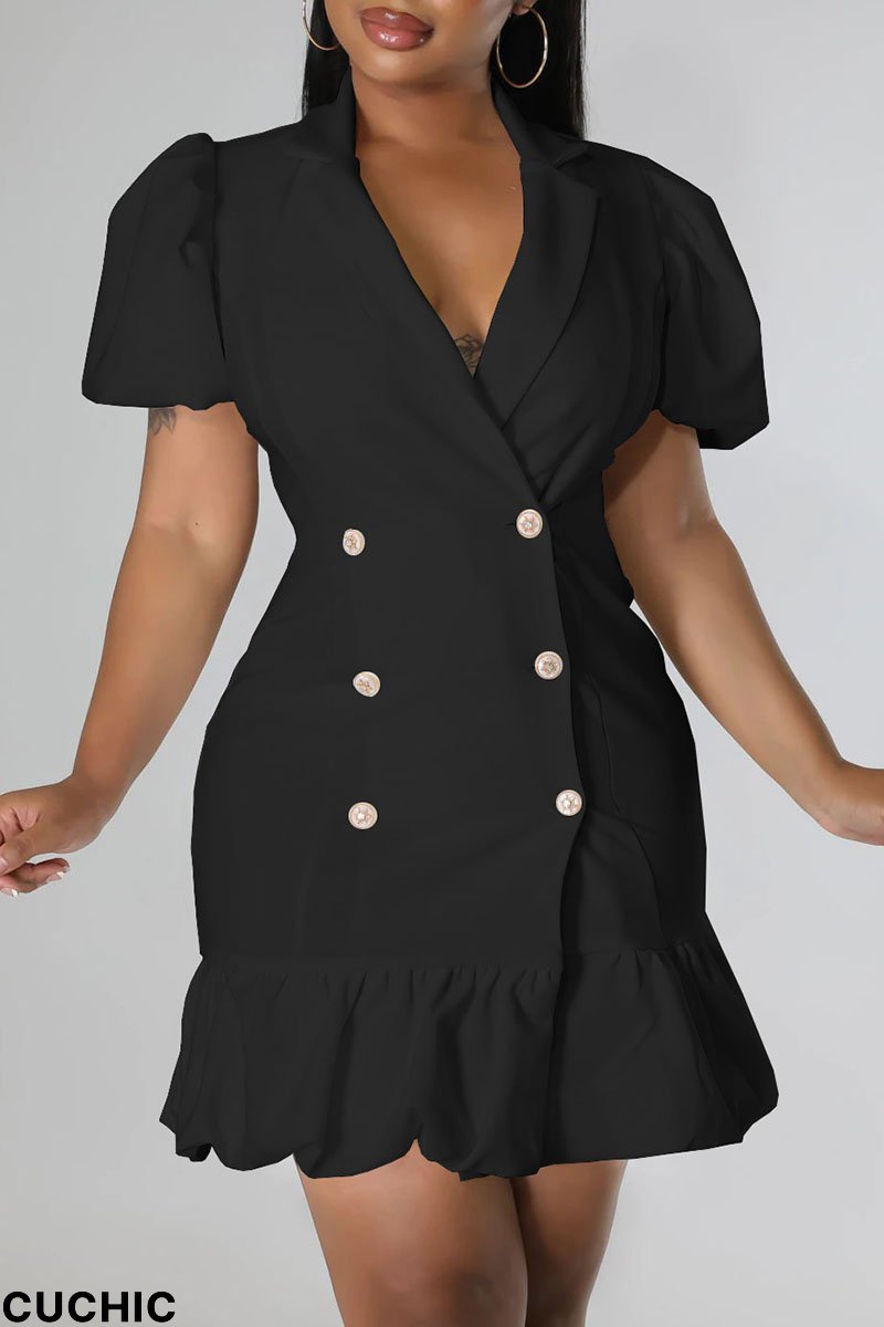 Black Casual Sweet Solid Patchwork Buckle Flounce V Neck Straight Dresses-CuChic
