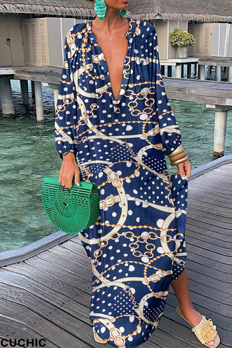 Tibetan Blue Sexy Print Patchwork V Neck Straight Dresses-CuChic