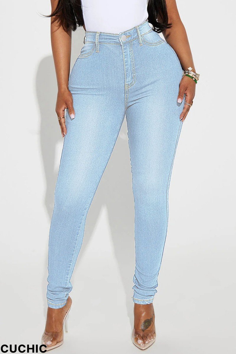 Light Blue Casual Solid High Waist Skinny Denim Jeans-CuChic