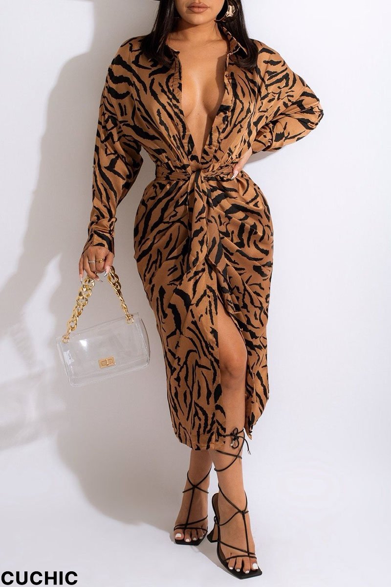 Brown Casual Print Split Joint Buckle With Belt Turndown Collar Shirt Dress Dresses-CuChic