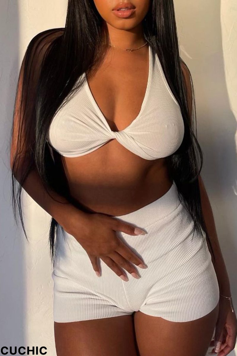 White Sexy Casual Solid Backless V Neck Sleeveless Two Pieces-CuChic