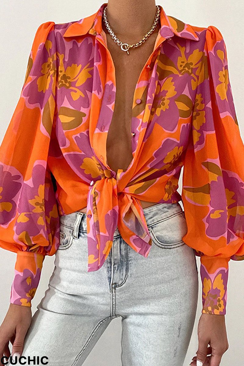 Tangerine Red Casual Print Patchwork Buckle Turndown Collar Tops-CuChic