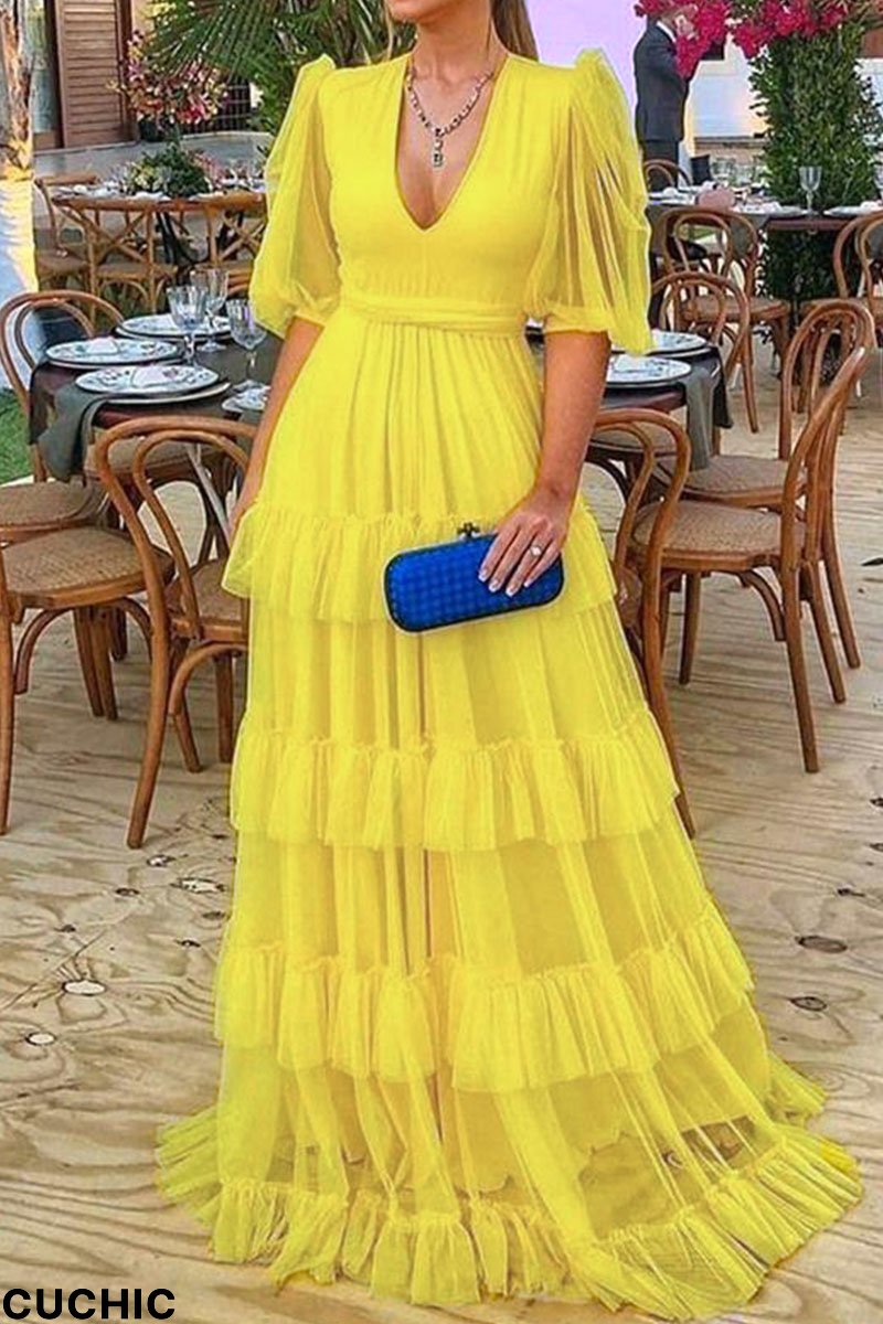 Yellow Elegant Solid Patchwork V Neck Evening Dress Dresses-CuChic