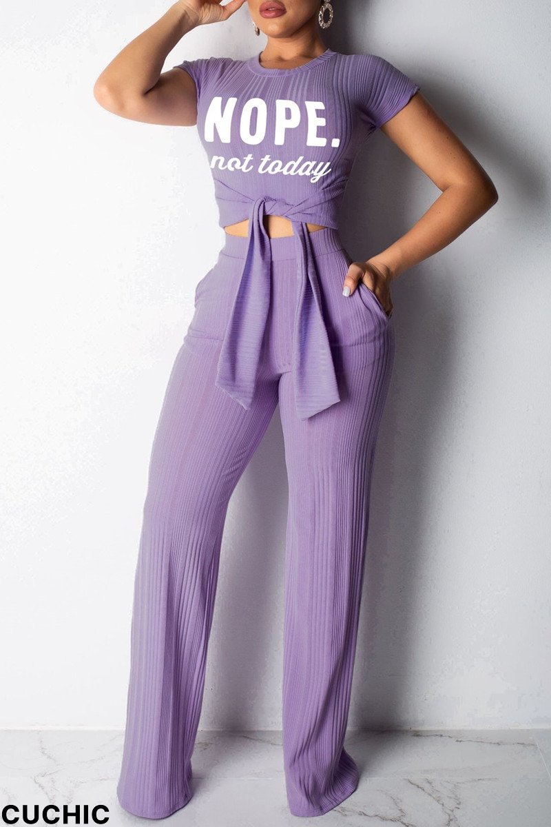Purple Fashion Casual Letter Print Basic O Neck Long Sleeve Two Pieces-CuChic