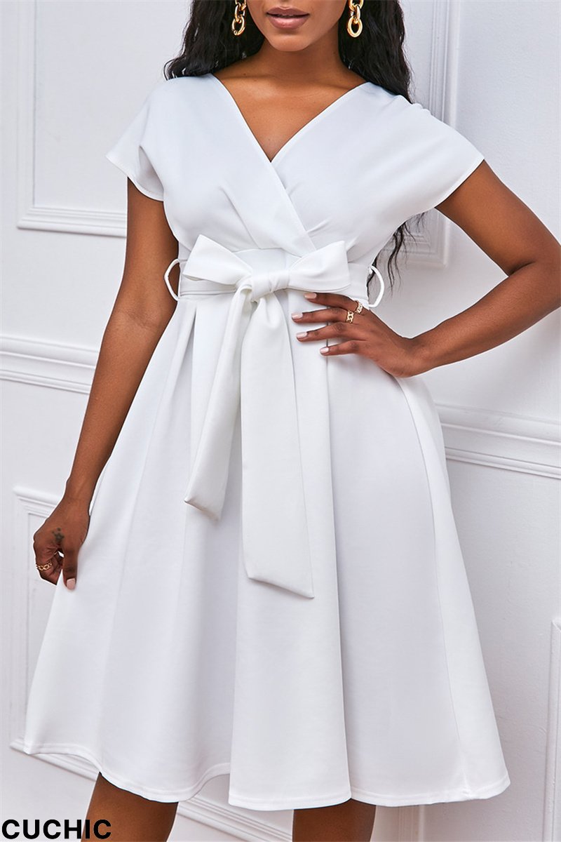 White Fashion Casual Solid With Bow V Neck A Line Dresses-CuChic