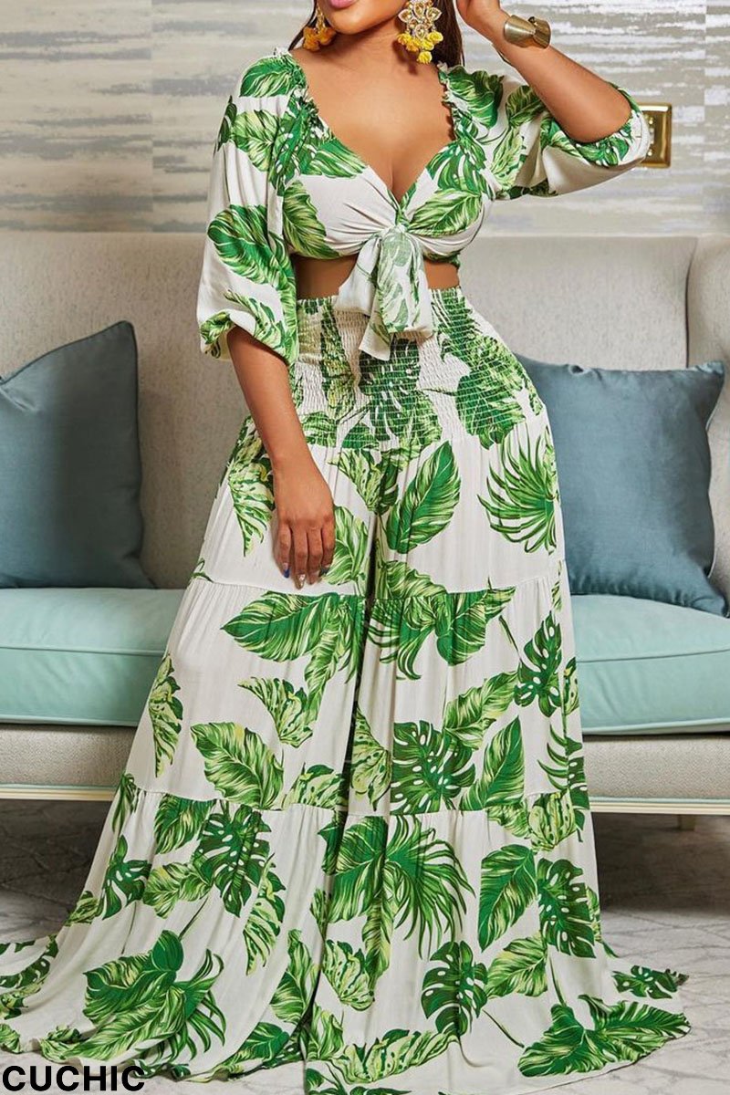 Green Fashion Casual Print Basic V Neck Three Quarter Two Pieces-CuChic