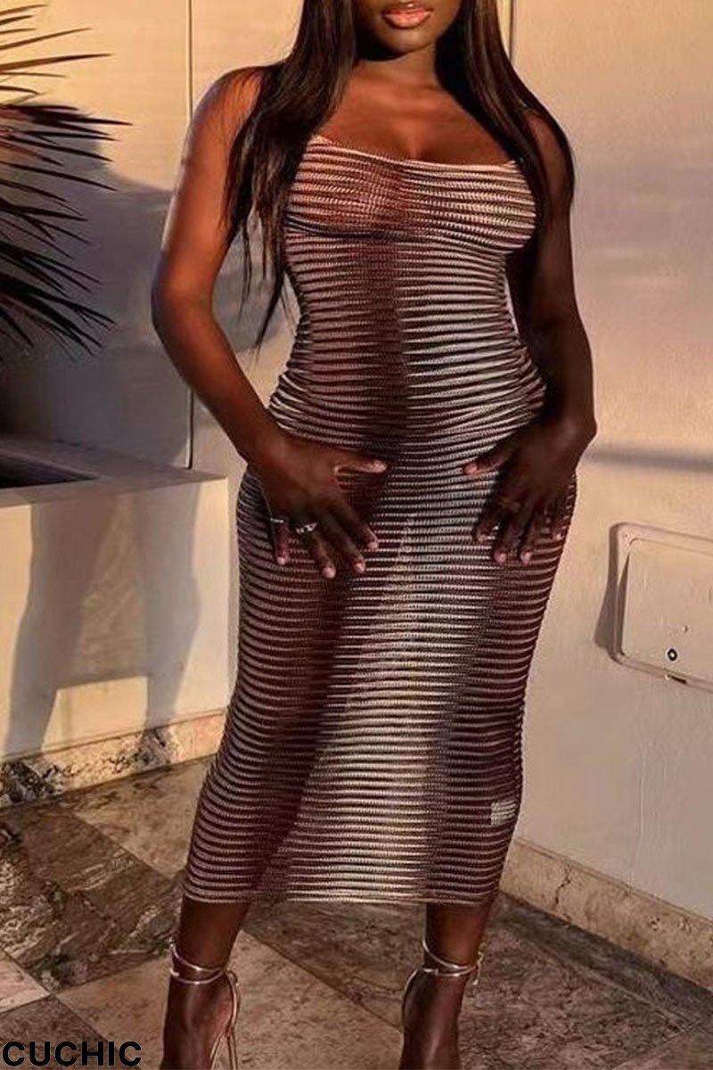 Brown Sexy Celebrities Gradual Change Printing Spaghetti Strap Sheath Dresses-CuChic