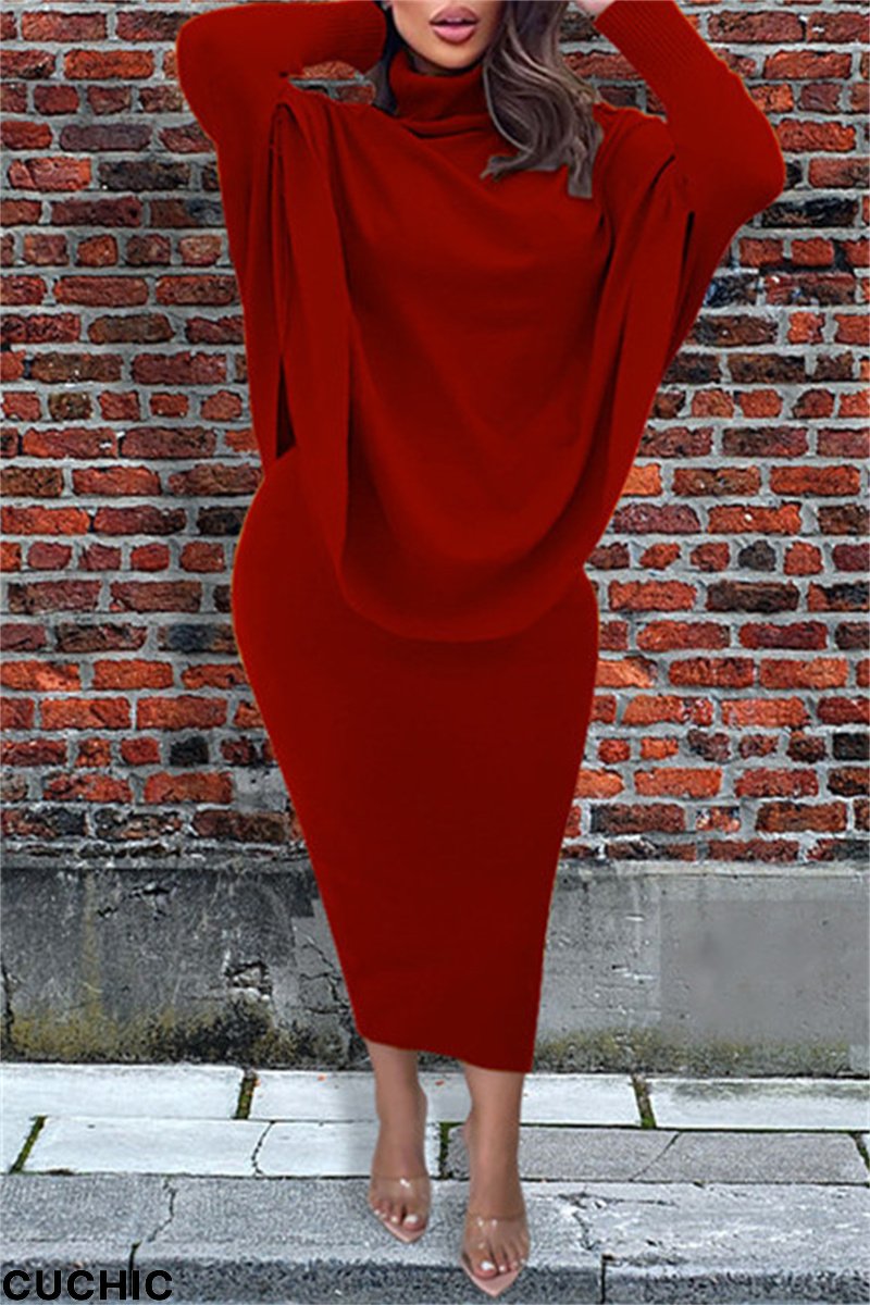 Red Fashion Casual Solid Split Joint Slit Asymmetrical Turtleneck Long Sleeve Two Pieces-CuChic