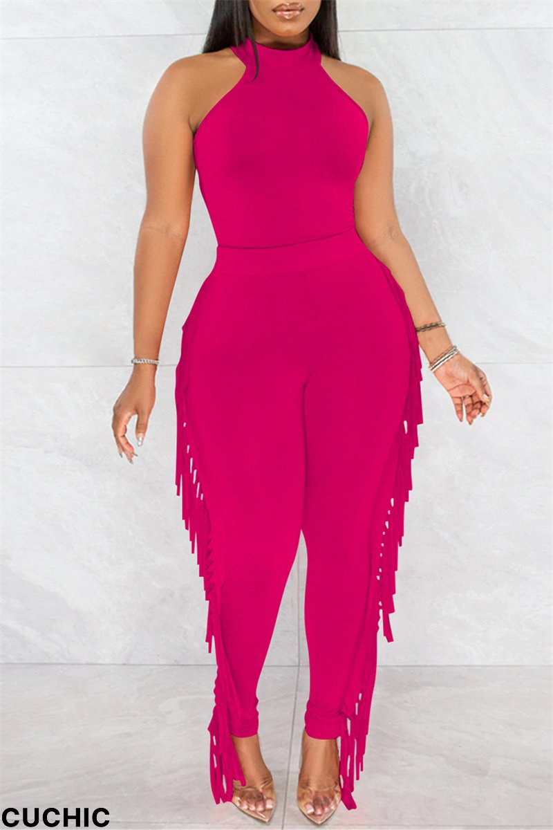 Rose Red Fashion Casual Solid Tassel Patchwork O Neck Sleeveless Two Pieces-CuChic